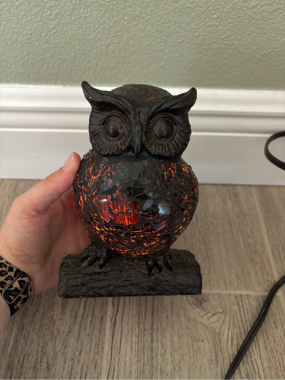 Vintage Ceramic Owl Lamp Nightlight Brown Yellow Orange Crackled Glass
